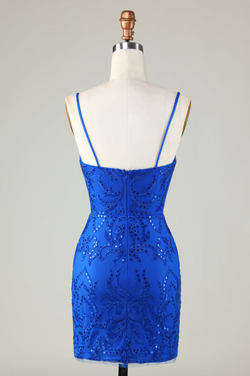 Lentejuelas Azul Real Correas de Espagueti Vestido Corto